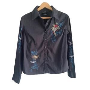 Harley Davison Black Embroidery Rose‎ Button Up Long Sleeve Sz M
